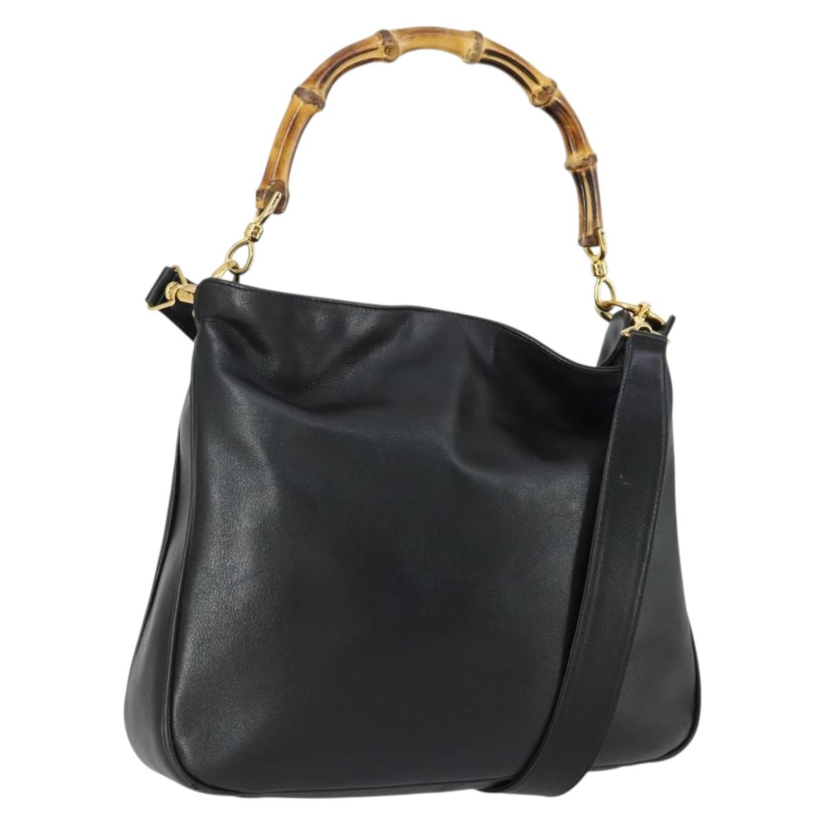 GUCCI Bamboo Hand Bag Leather 2way Black Gold 001 1705 1638 Auth 161722