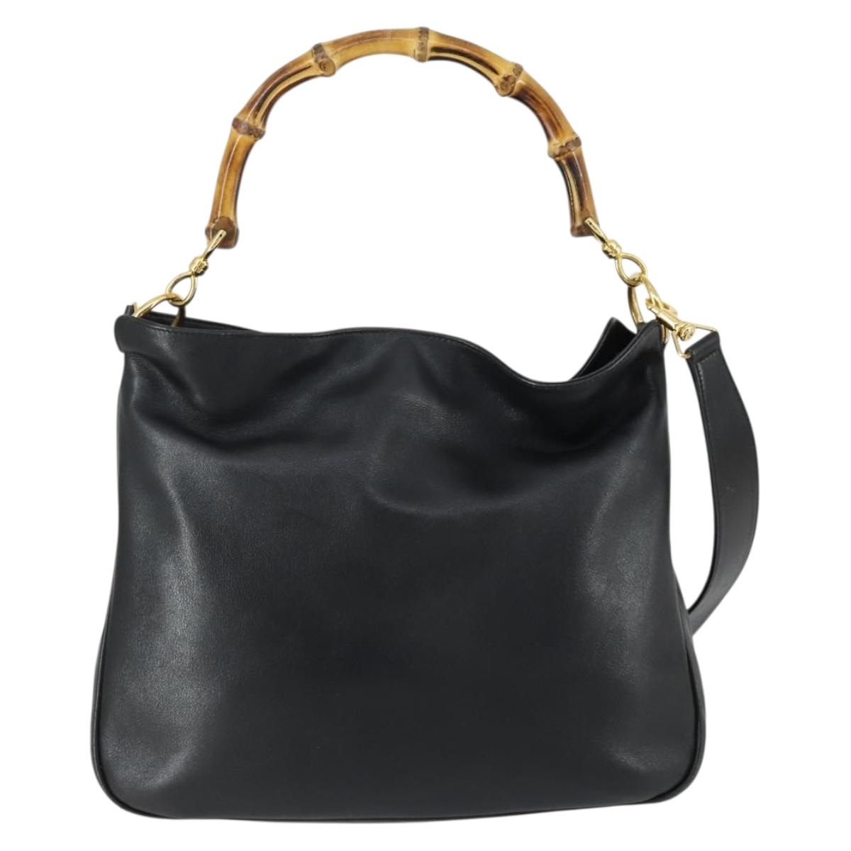 GUCCI Bamboo Hand Bag Leather 2way Black Gold 001 1705 1638 Auth 161722