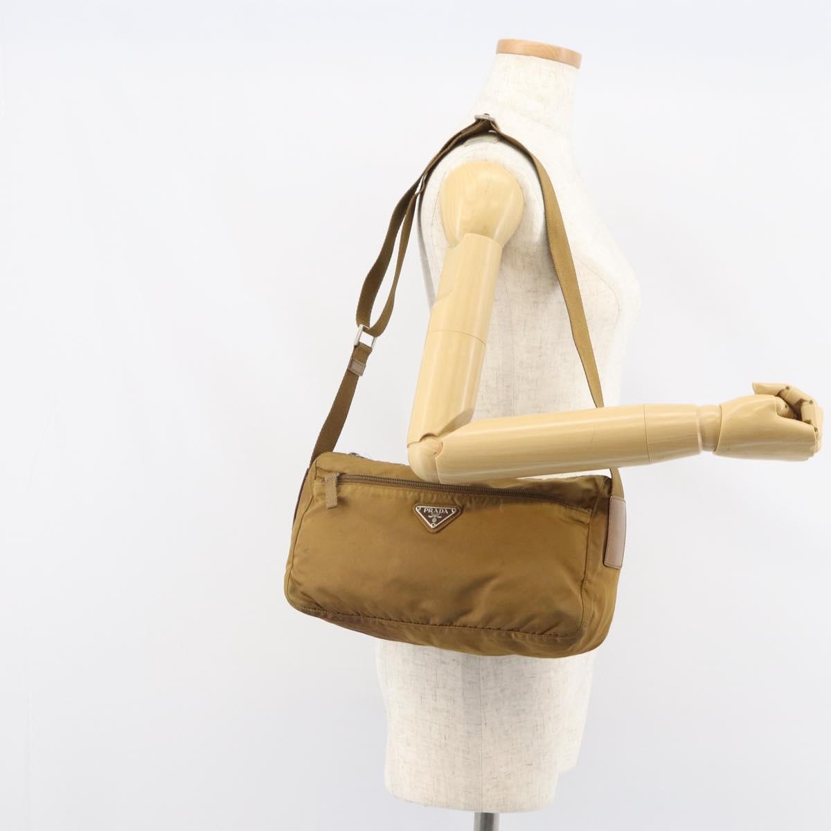 PRADA Shoulder Bag Nylon Beige Silver Auth 161725