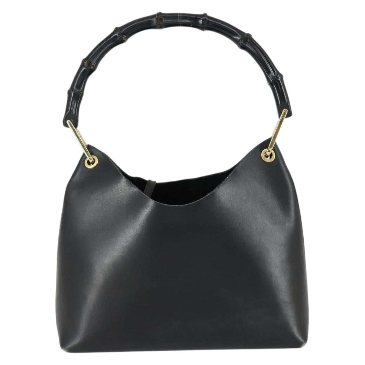 GUCCI Bamboo Shoulder Bag Leather Black Gold 001 1998 1883 Auth 161727