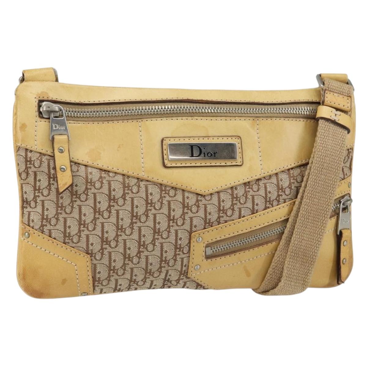 Christian Dior Trotter Canvas Street Chic Shoulder Bag Beige Silver Auth 161759