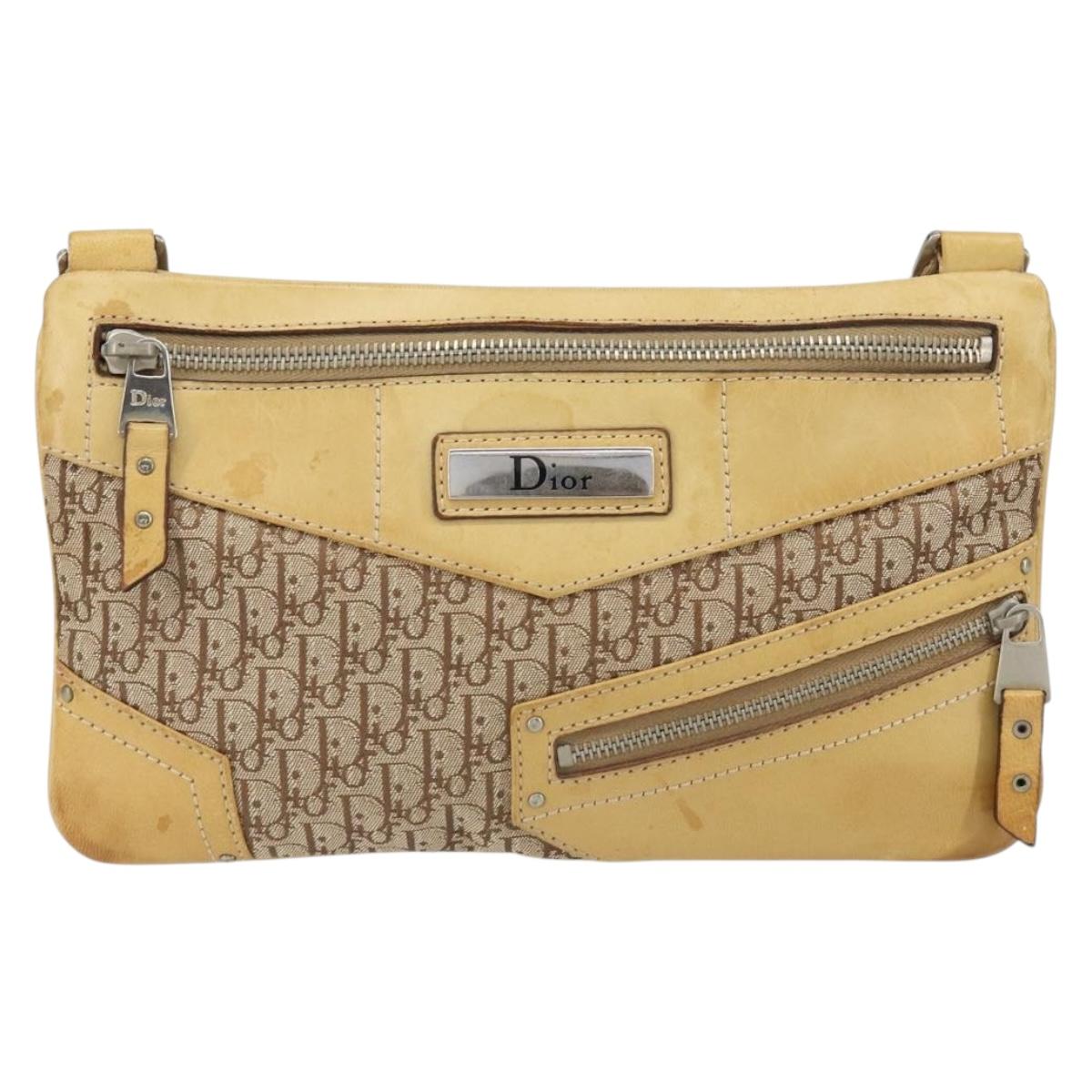 Christian Dior Trotter Canvas Street Chic Shoulder Bag Beige Silver Auth 161759