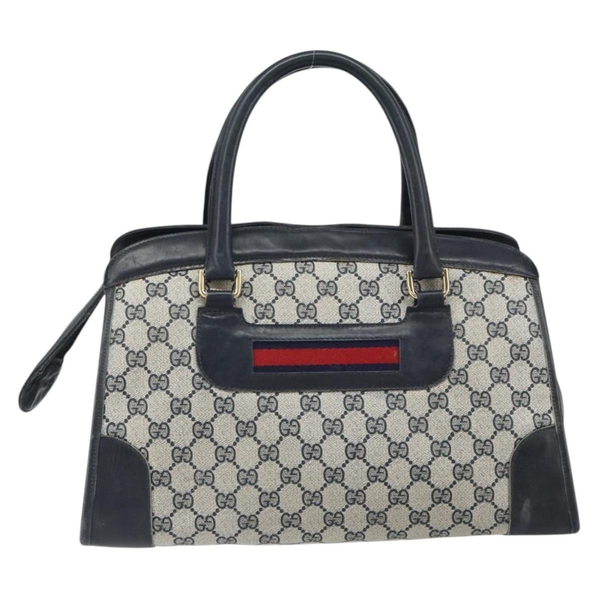 GUCCI GG Supreme Sherry Line Boston Bag PVC Navy Gold Auth 161763