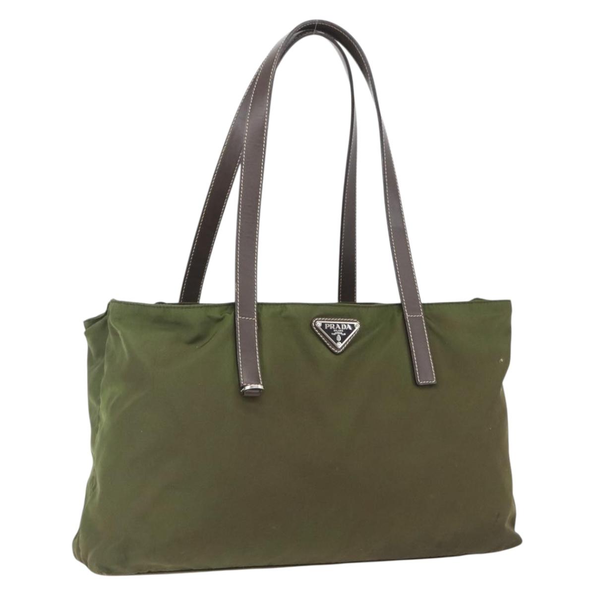 PRADA Tote Bag Nylon Khaki Silver Auth 161778