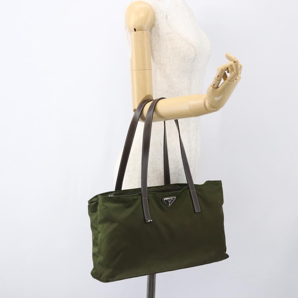 PRADA Tote Bag Nylon Khaki Silver Auth 161778