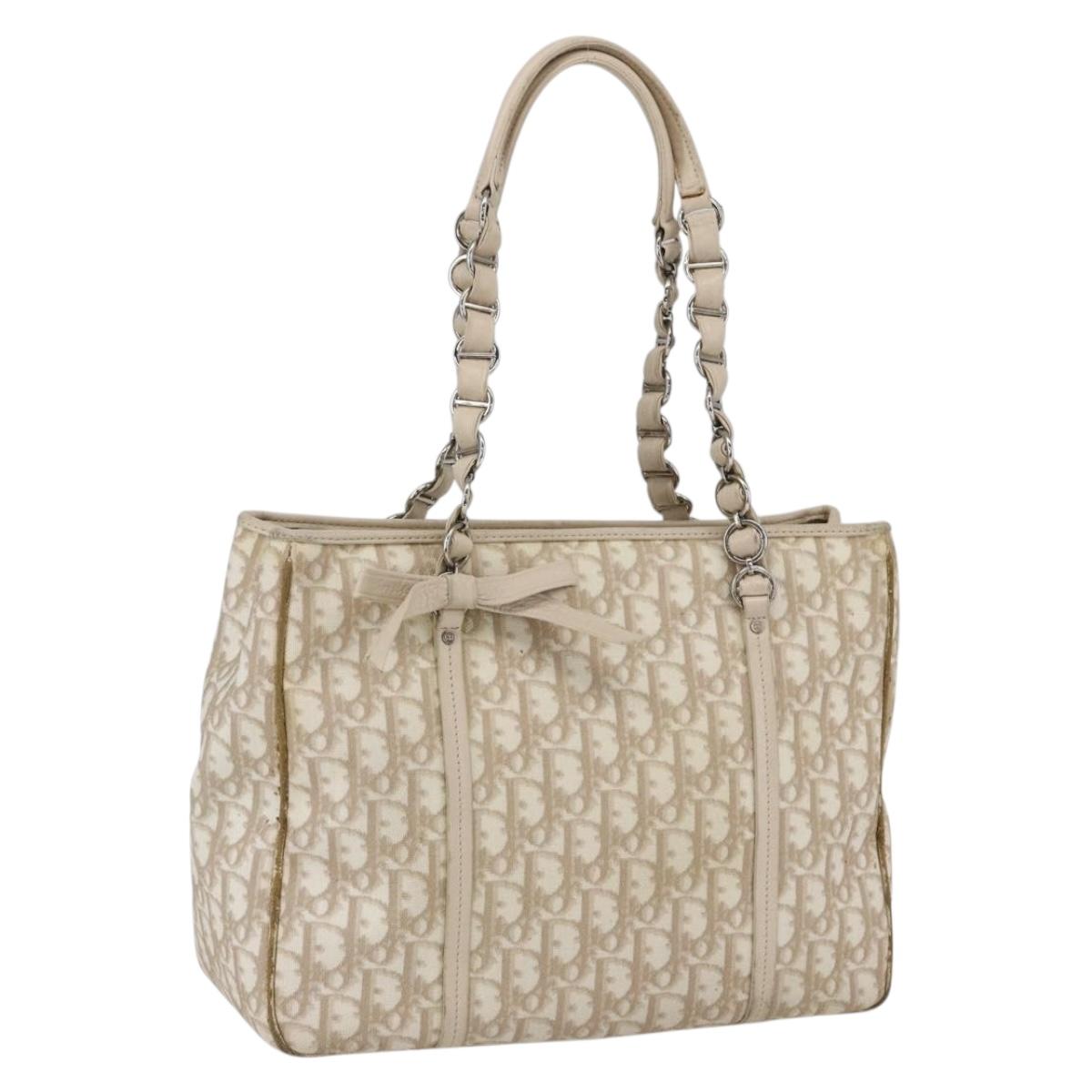 Christian Dior Trotter Canvas Romantic Hand Bag PVC Beige Silver Auth 161784