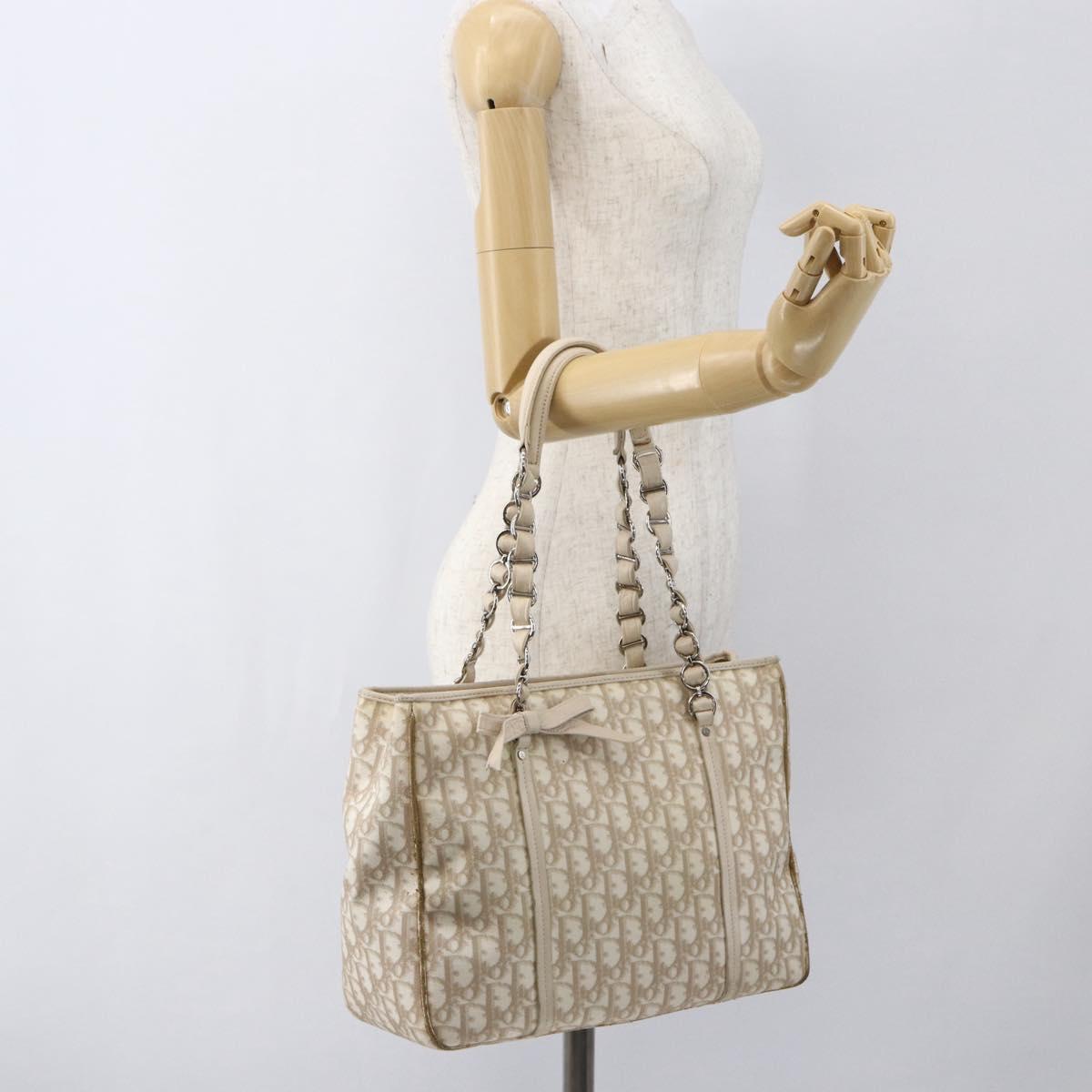 Christian Dior Trotter Canvas Romantic Hand Bag PVC Beige Silver Auth 161784