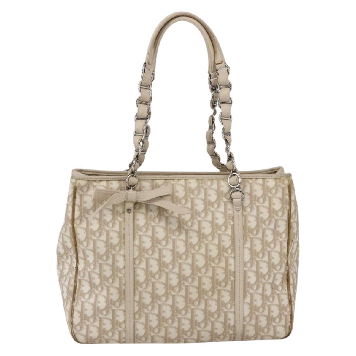 Christian Dior Trotter Canvas Romantic Hand Bag PVC Beige Silver Auth 161784