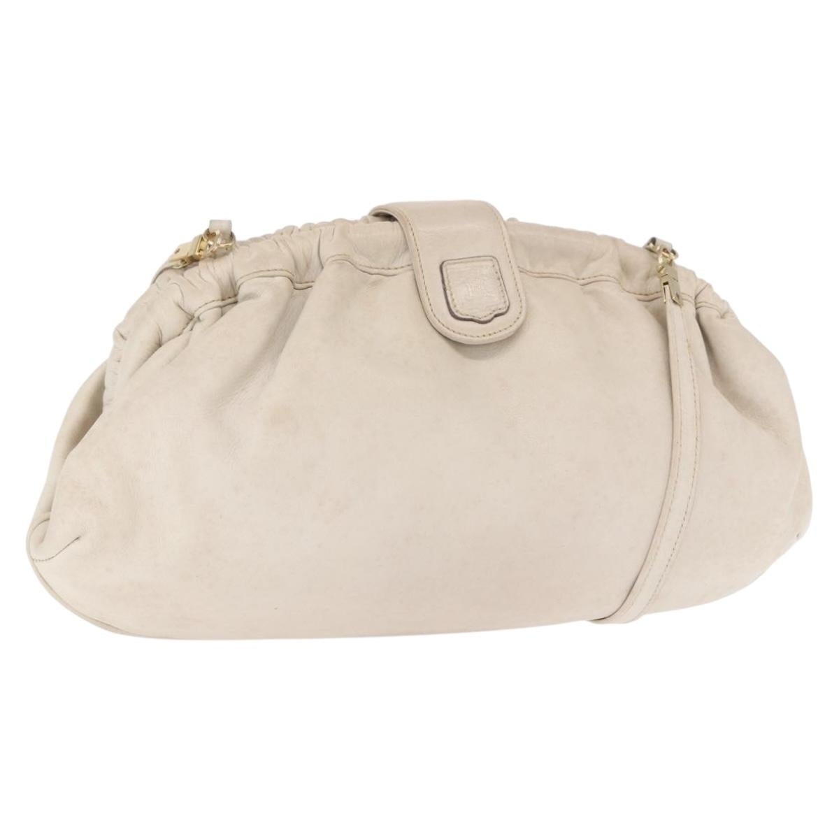 CELINE Shoulder Bag Leather White Gold Auth 162034