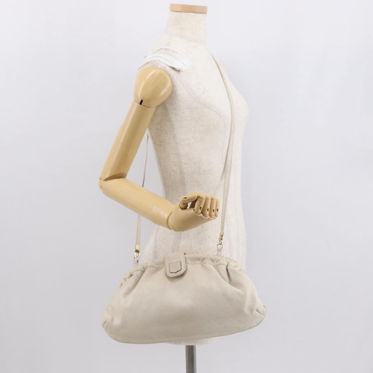 CELINE Shoulder Bag Leather White Gold Auth 162034