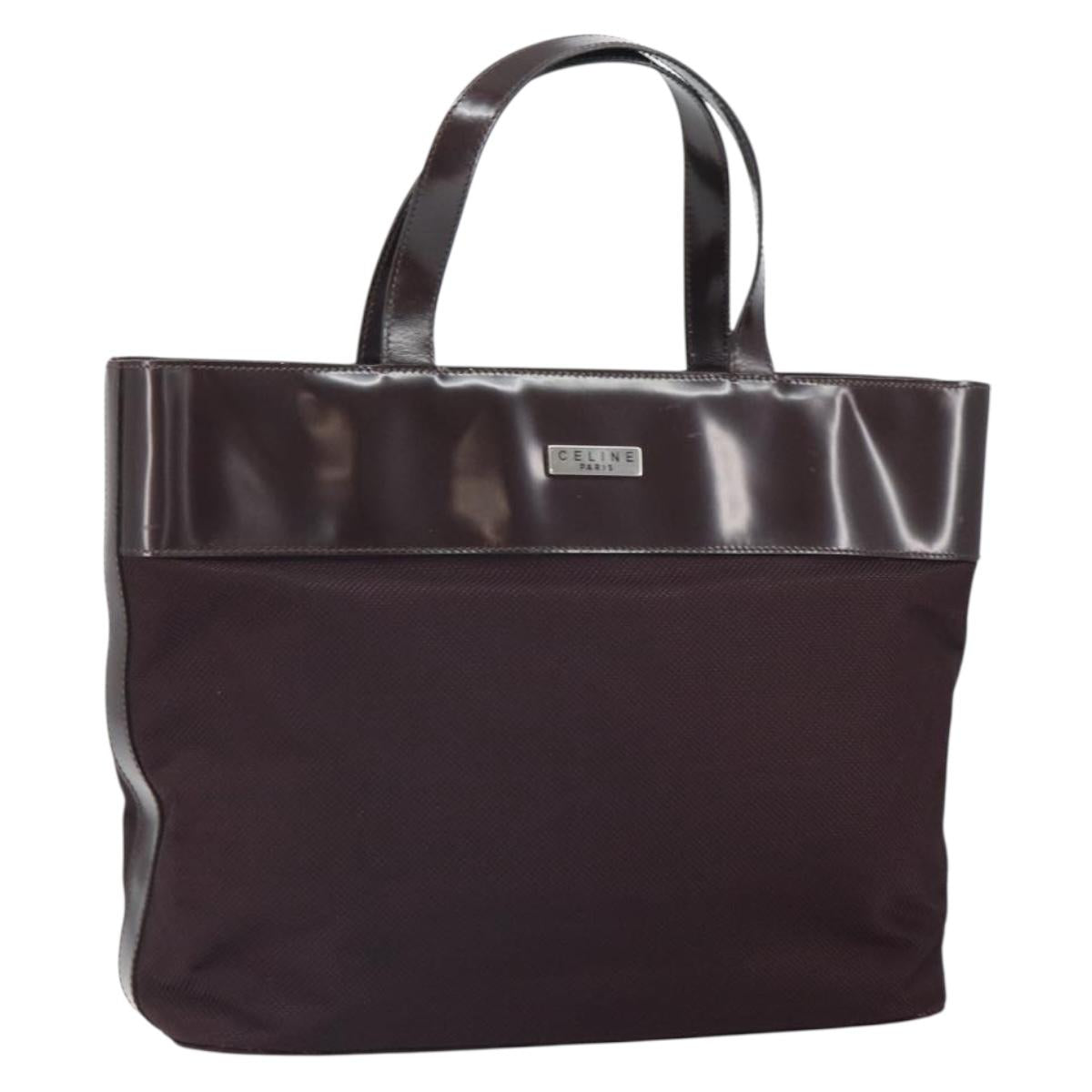 CELINE Tote Bag Canvas patent leather Brown Silver Auth 162037