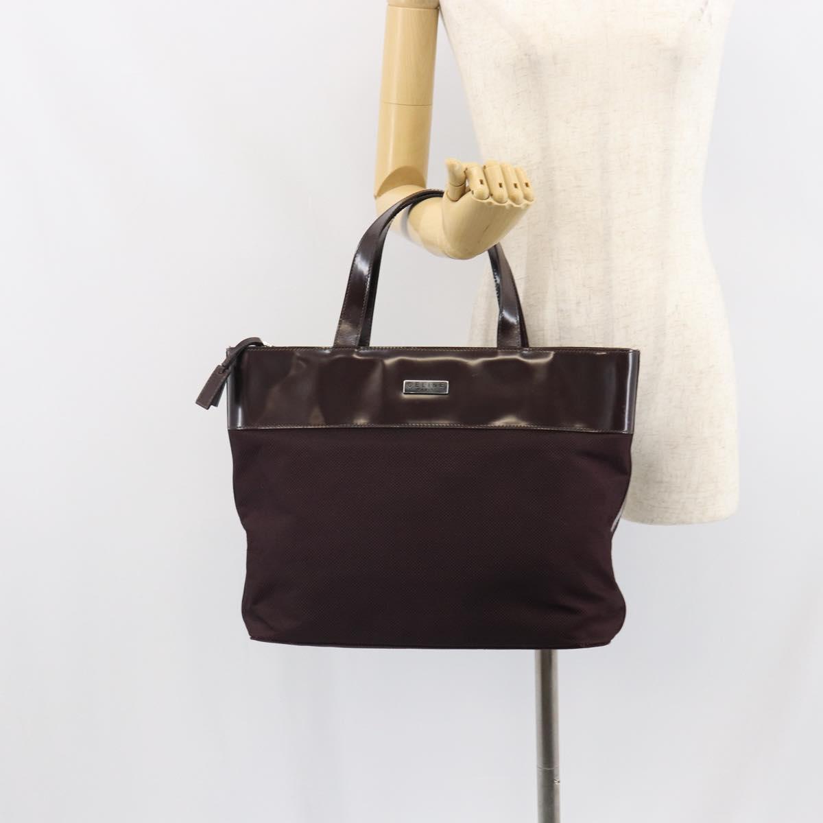 CELINE Tote Bag Canvas patent leather Brown Silver Auth 162037