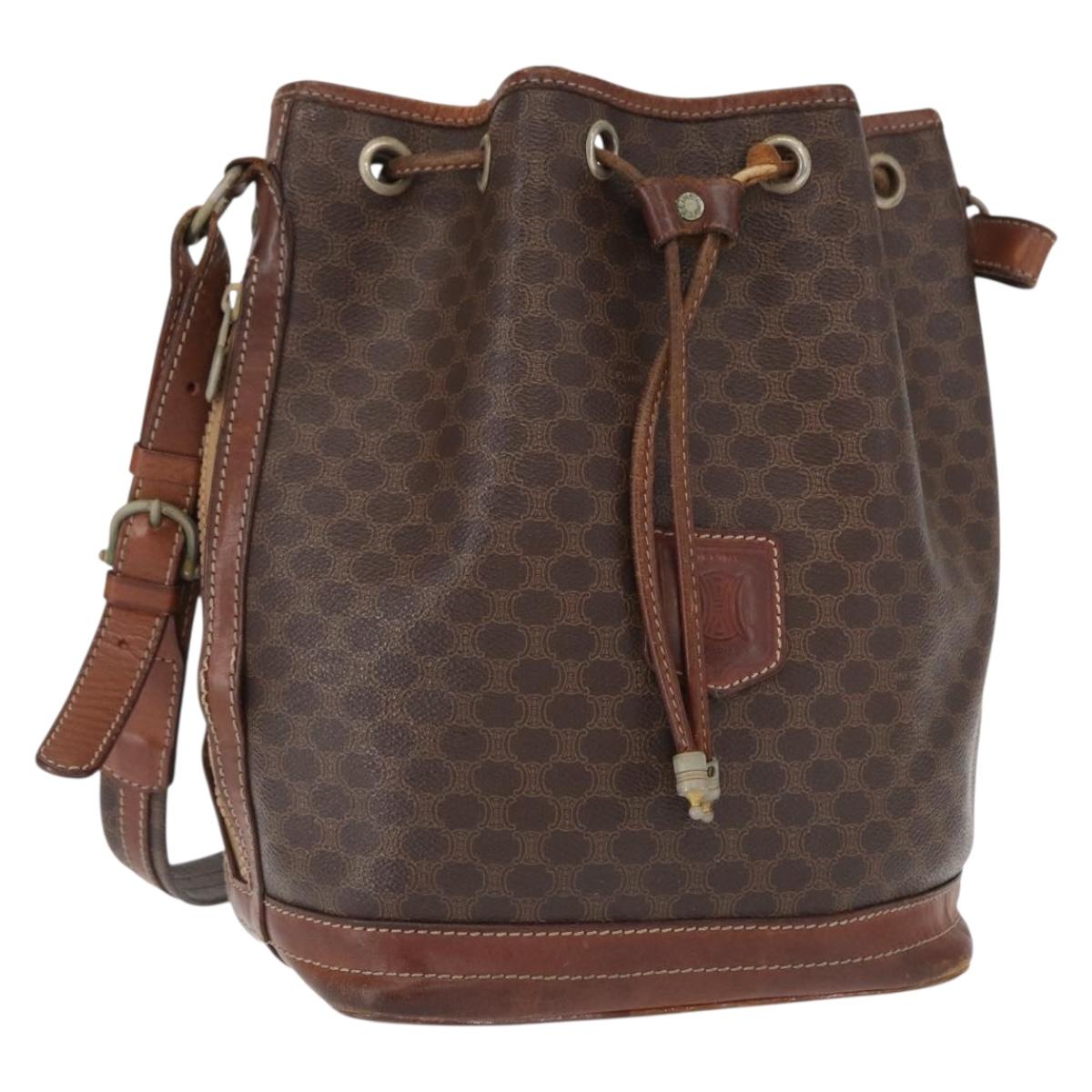 CELINE Macadam Canvas Shoulder Bag PVC Leather Brown Gold Auth 162040