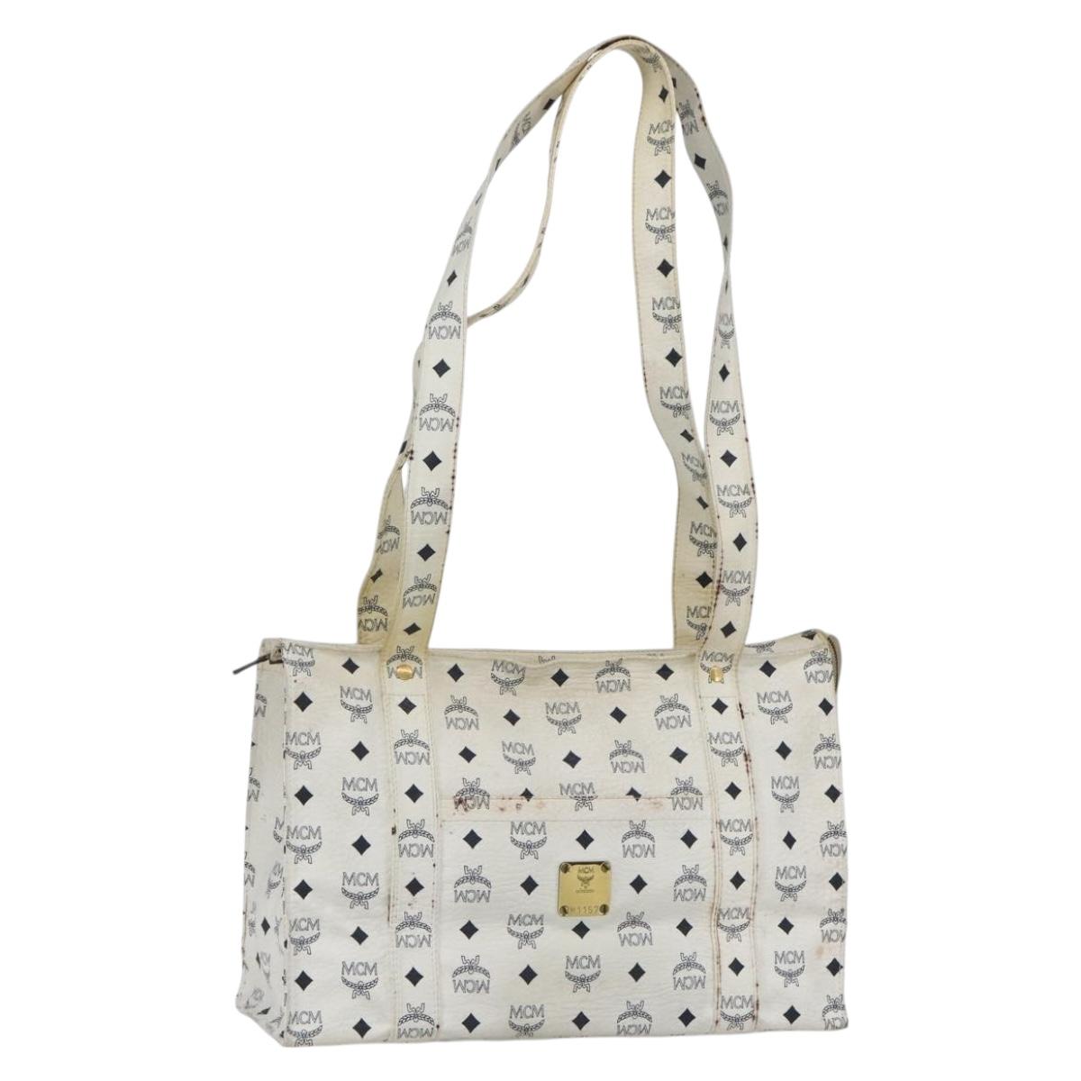 MCM Logogram Vicetos Tote Bag PVC Leather White Gold Auth 162045