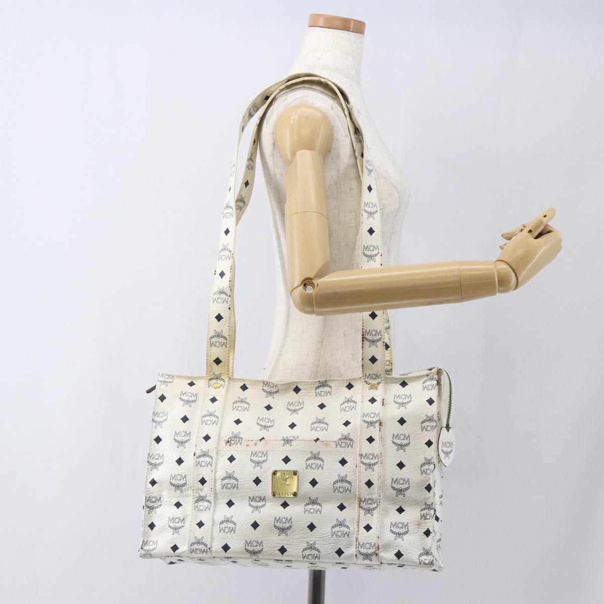 MCM Logogram Vicetos Tote Bag PVC Leather White Gold Auth 162045