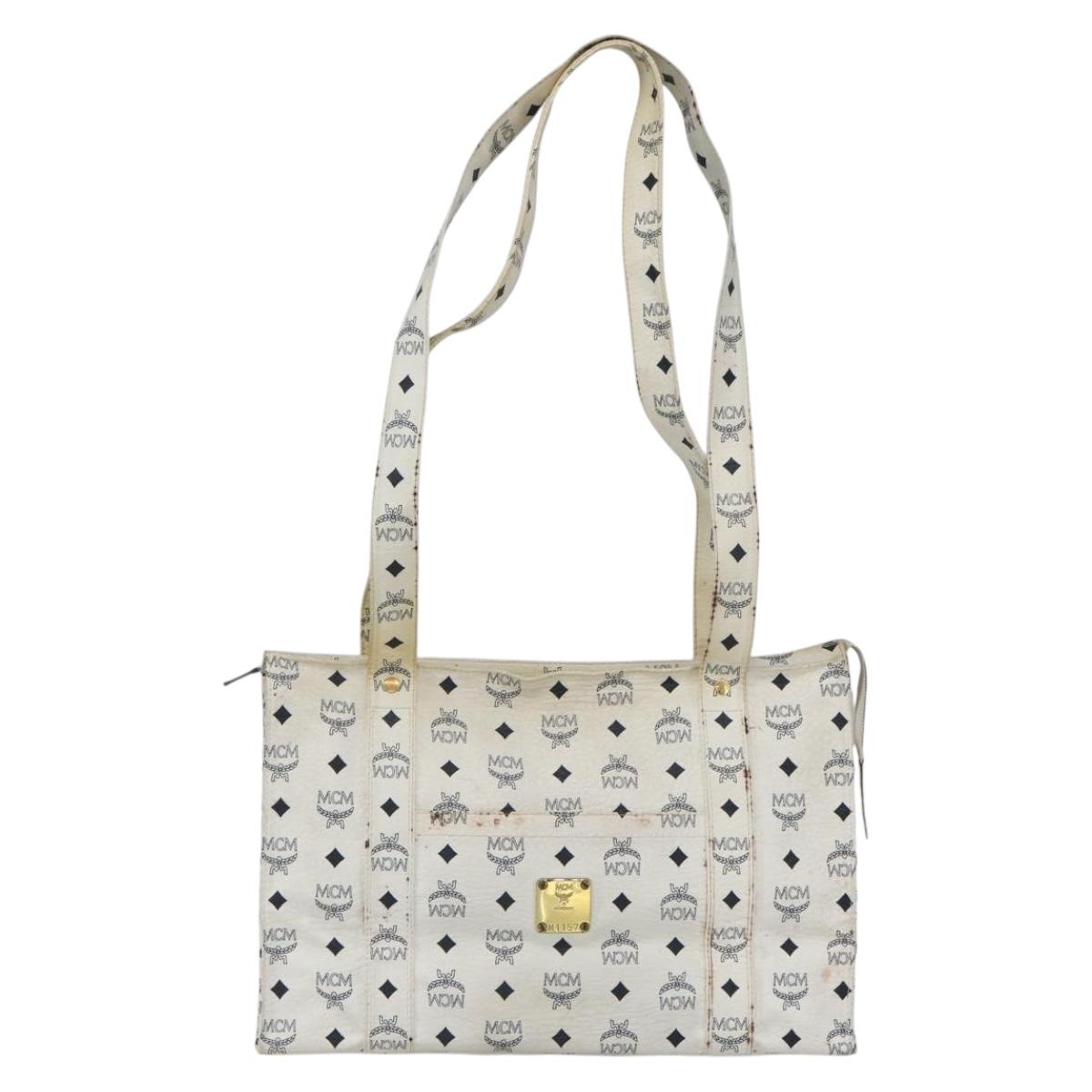 MCM Logogram Vicetos Tote Bag PVC Leather White Gold Auth 162045