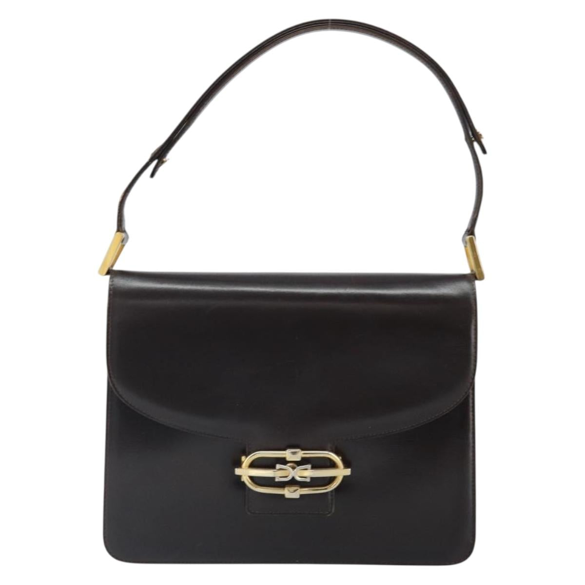 GUCCI Shoulder Bag Leather Brown Gold Auth 162097