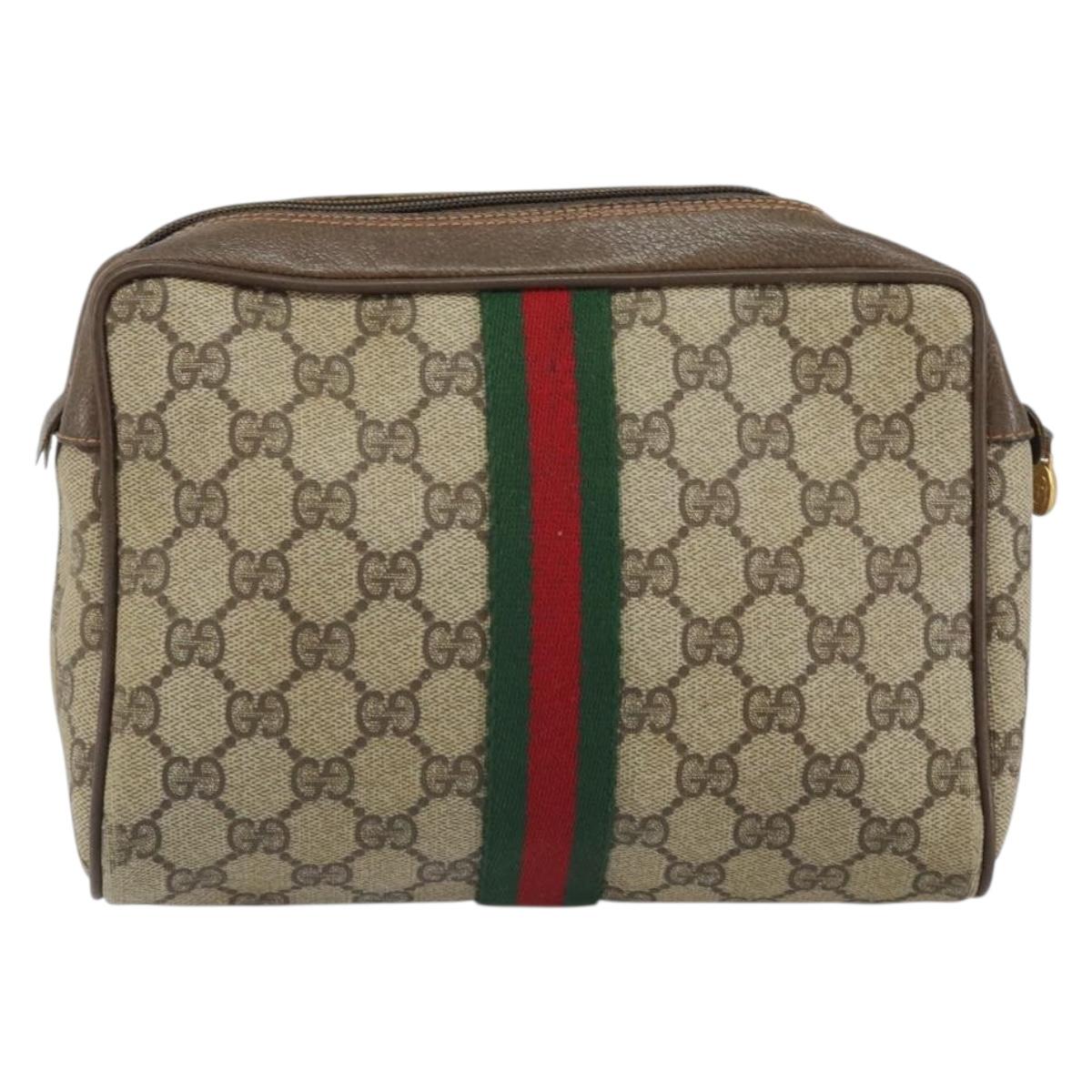 GUCCI GG Supreme Web Sherry Line Clutch Bag PVC Beige Gold 89 01 012 Auth 162106