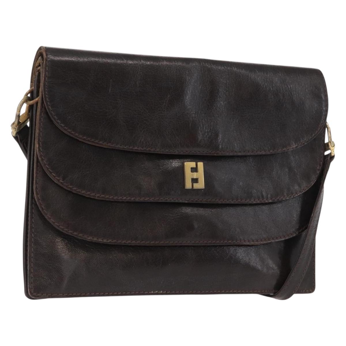 FENDI Shoulder Bag Leather Brown Gold Auth 162124