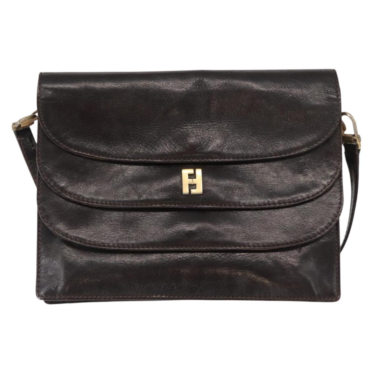 FENDI Shoulder Bag Leather Brown Gold Auth 162124