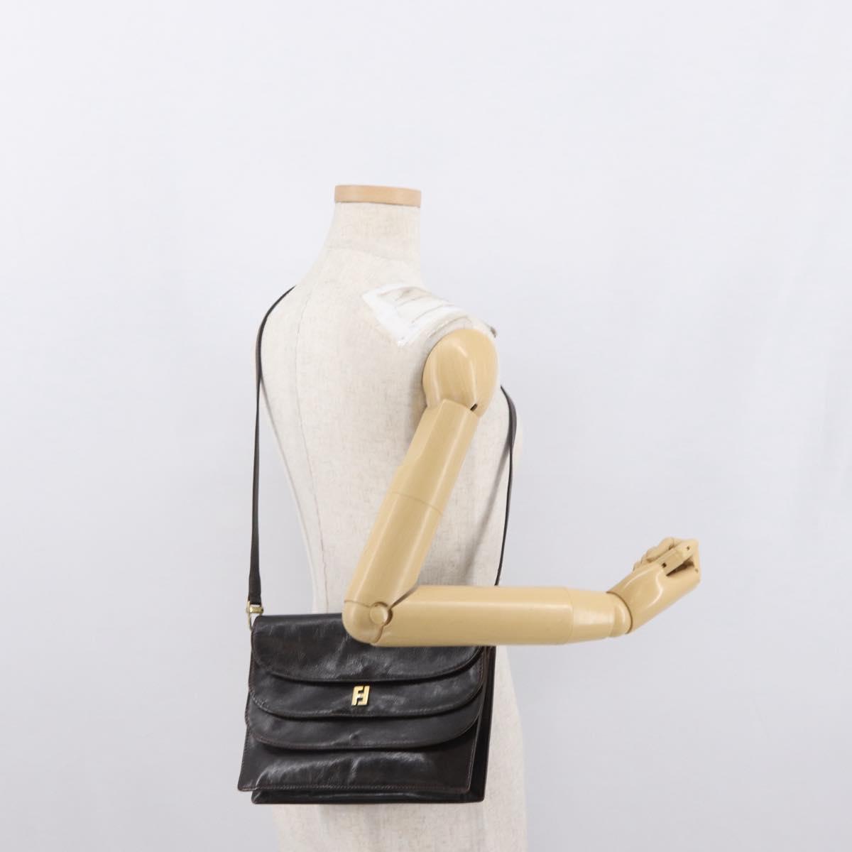 FENDI Shoulder Bag Leather Brown Gold Auth 162124
