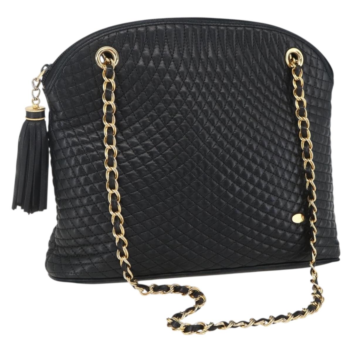 BALLY Chain Shoulder Bag Leather Navy Gold Auth 162126