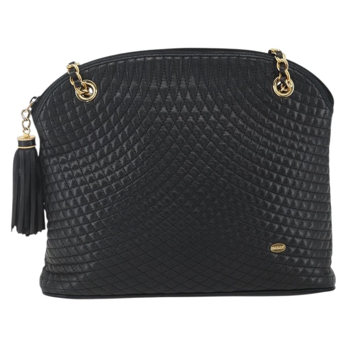 BALLY Chain Shoulder Bag Leather Navy Gold Auth 162126