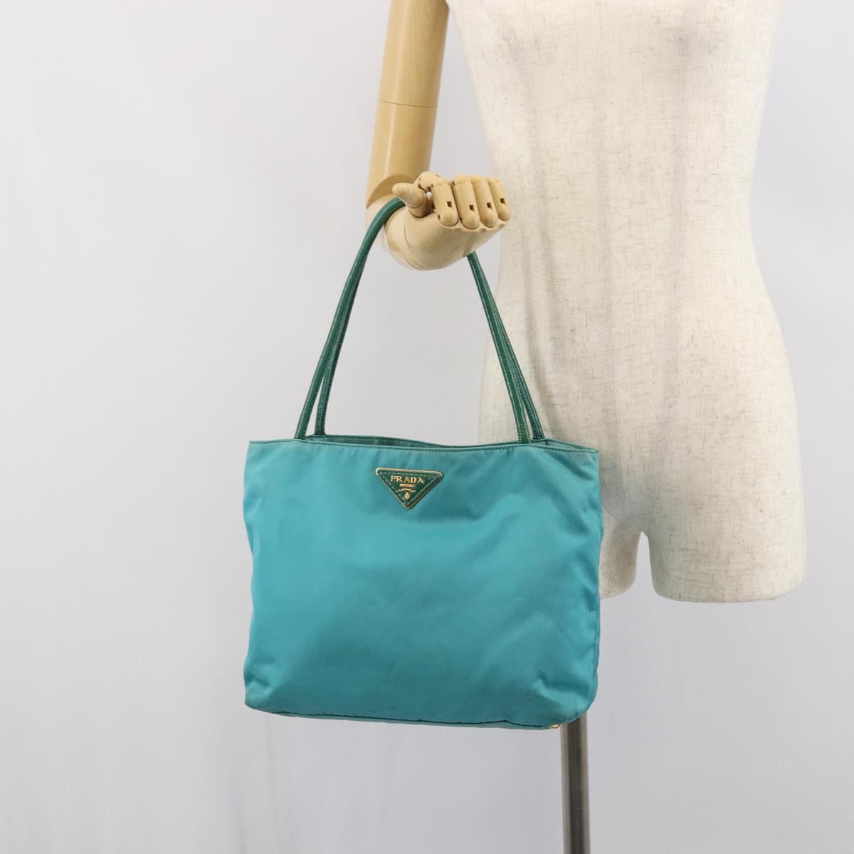 PRADA Hand Bag Nylon Turquoise Blue Gold Auth 162138