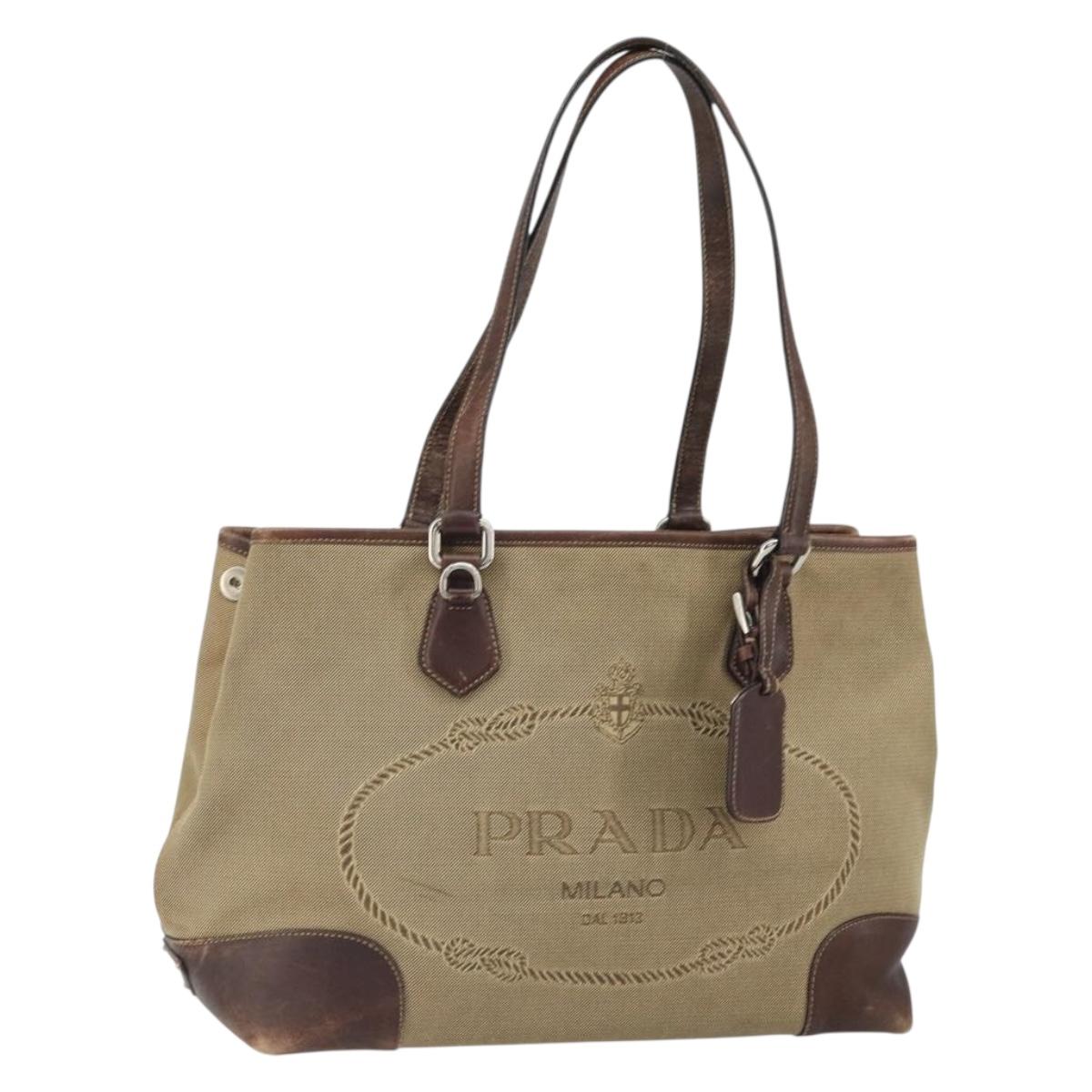 PRADA Tote Bag Canvas Beige Silver Auth 162142