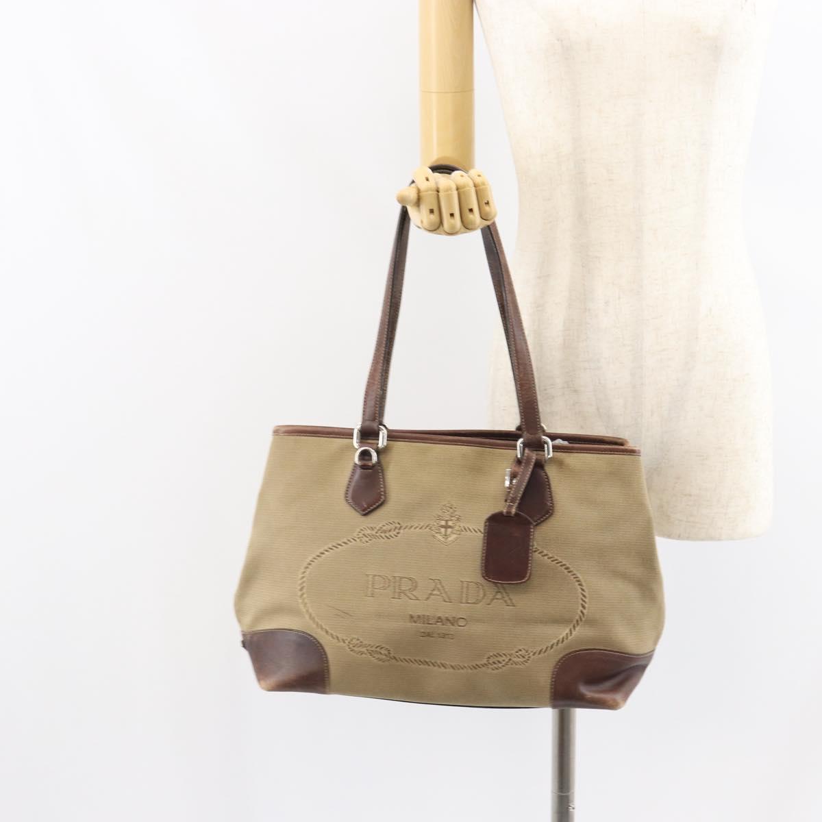 PRADA Tote Bag Canvas Beige Silver Auth 162142