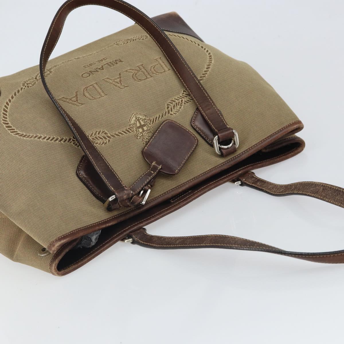 PRADA Tote Bag Canvas Beige Silver Auth 162142