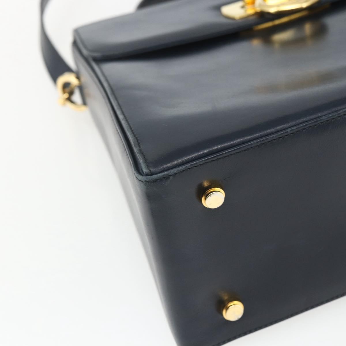 Salvatore Ferragamo Gancini Hand Bag Leather 2way Navy Gold Auth 162143