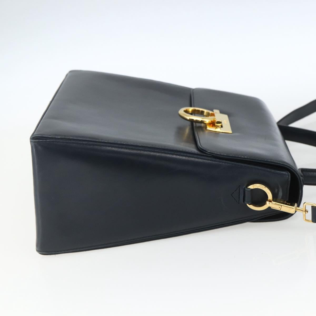Salvatore Ferragamo Gancini Hand Bag Leather 2way Navy Gold Auth 162143