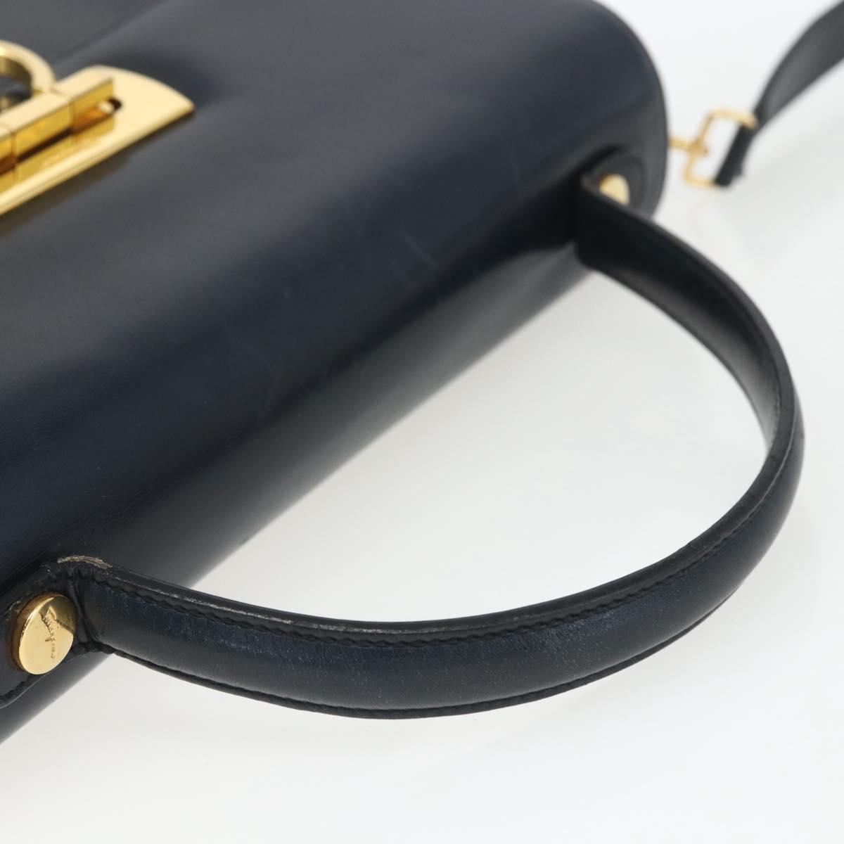 Salvatore Ferragamo Gancini Hand Bag Leather 2way Navy Gold Auth 162143
