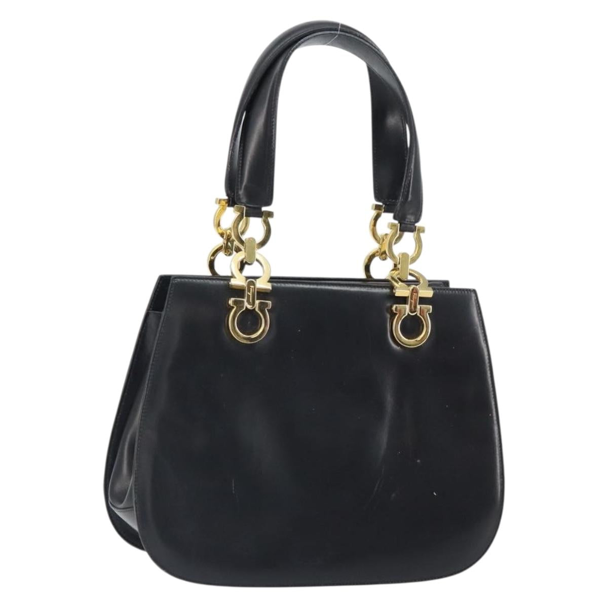 Salvatore Ferragamo Gancini Hand Bag Leather Black Gold Auth 162144