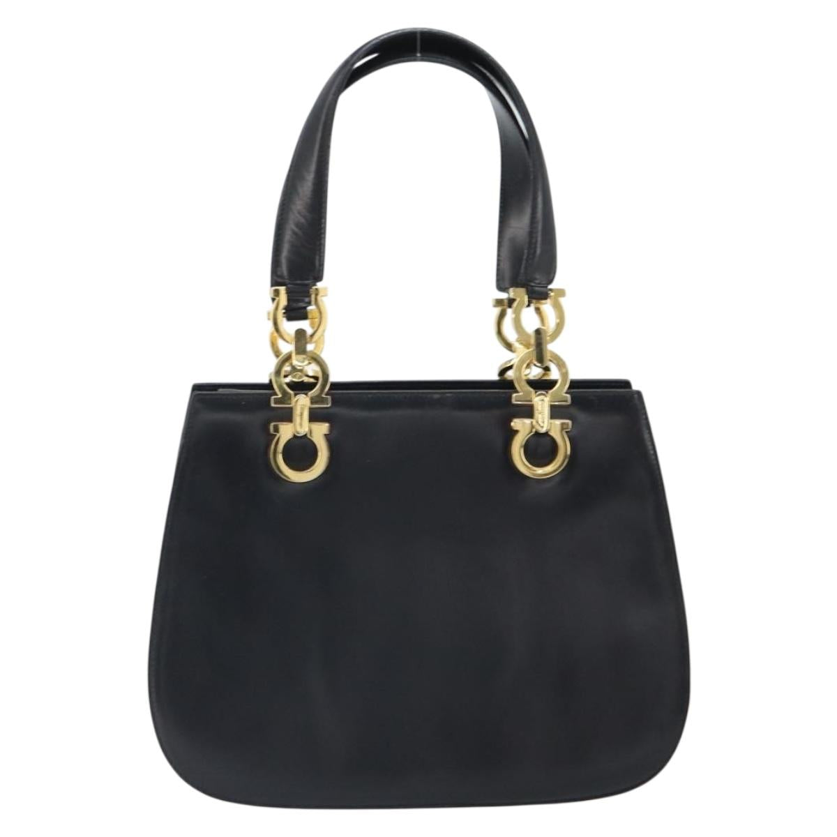 Salvatore Ferragamo Gancini Hand Bag Leather Black Gold Auth 162144