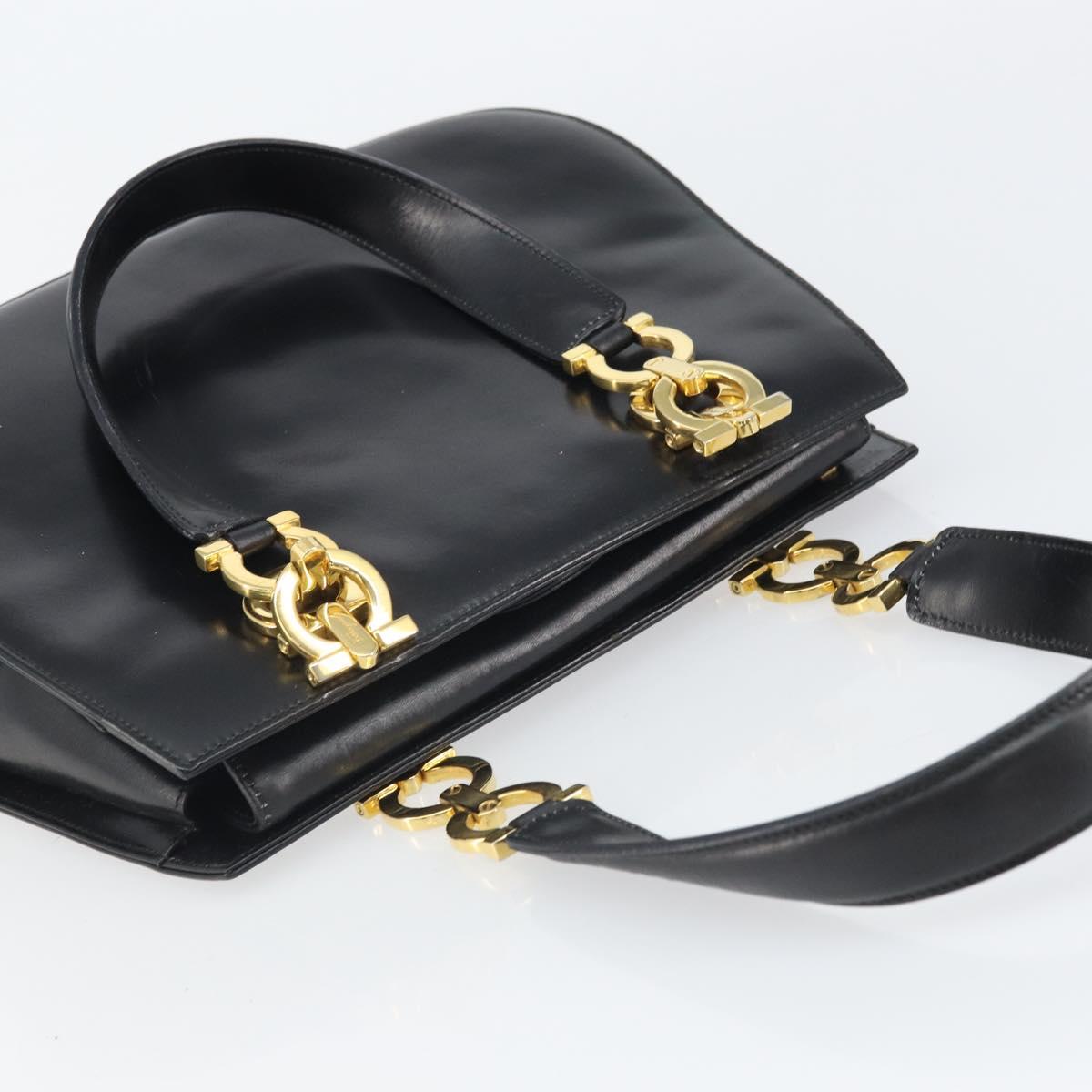 Salvatore Ferragamo Gancini Hand Bag Leather Black Gold Auth 162144