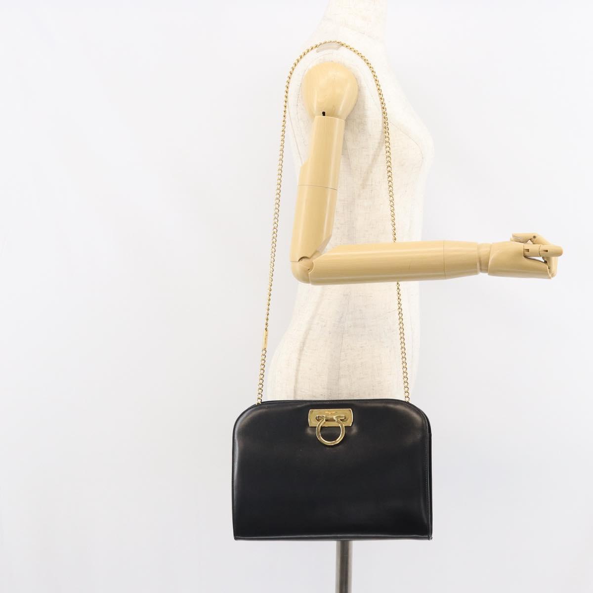 Salvatore Ferragamo Gancini Chain Shoulder Bag Leather Black Gold Auth 162153