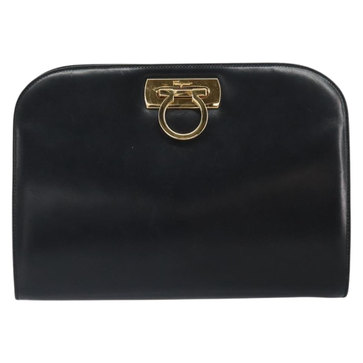 Salvatore Ferragamo Gancini Chain Shoulder Bag Leather Black Gold Auth 162153