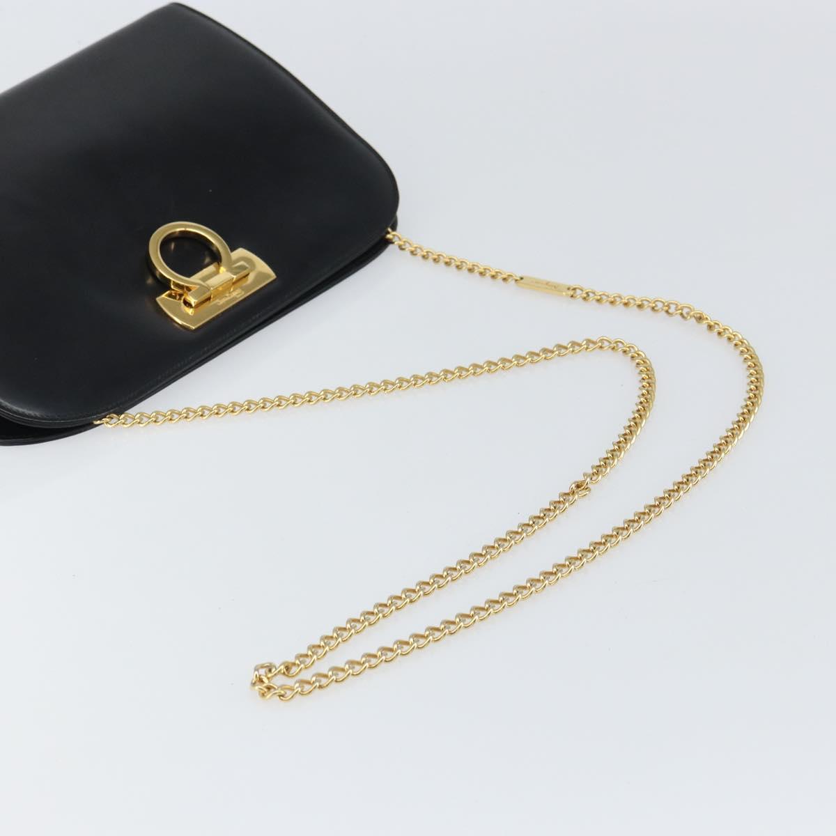 Salvatore Ferragamo Gancini Chain Shoulder Bag Leather Black Gold Auth 162153