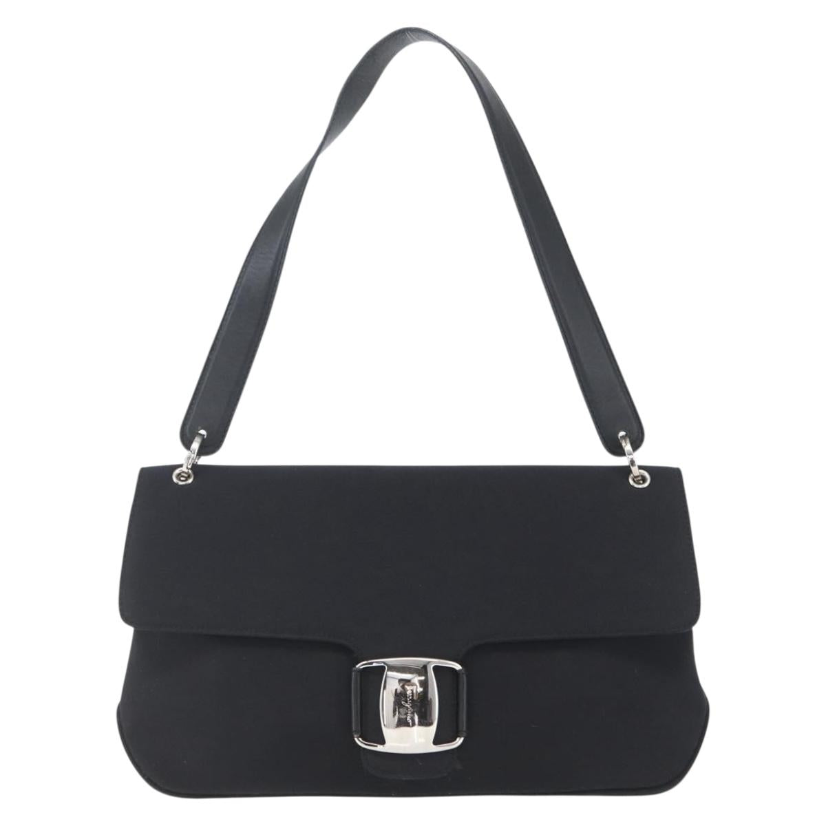 Salvatore Ferragamo Vala Shoulder Bag Nylon Black Silver Auth 162155