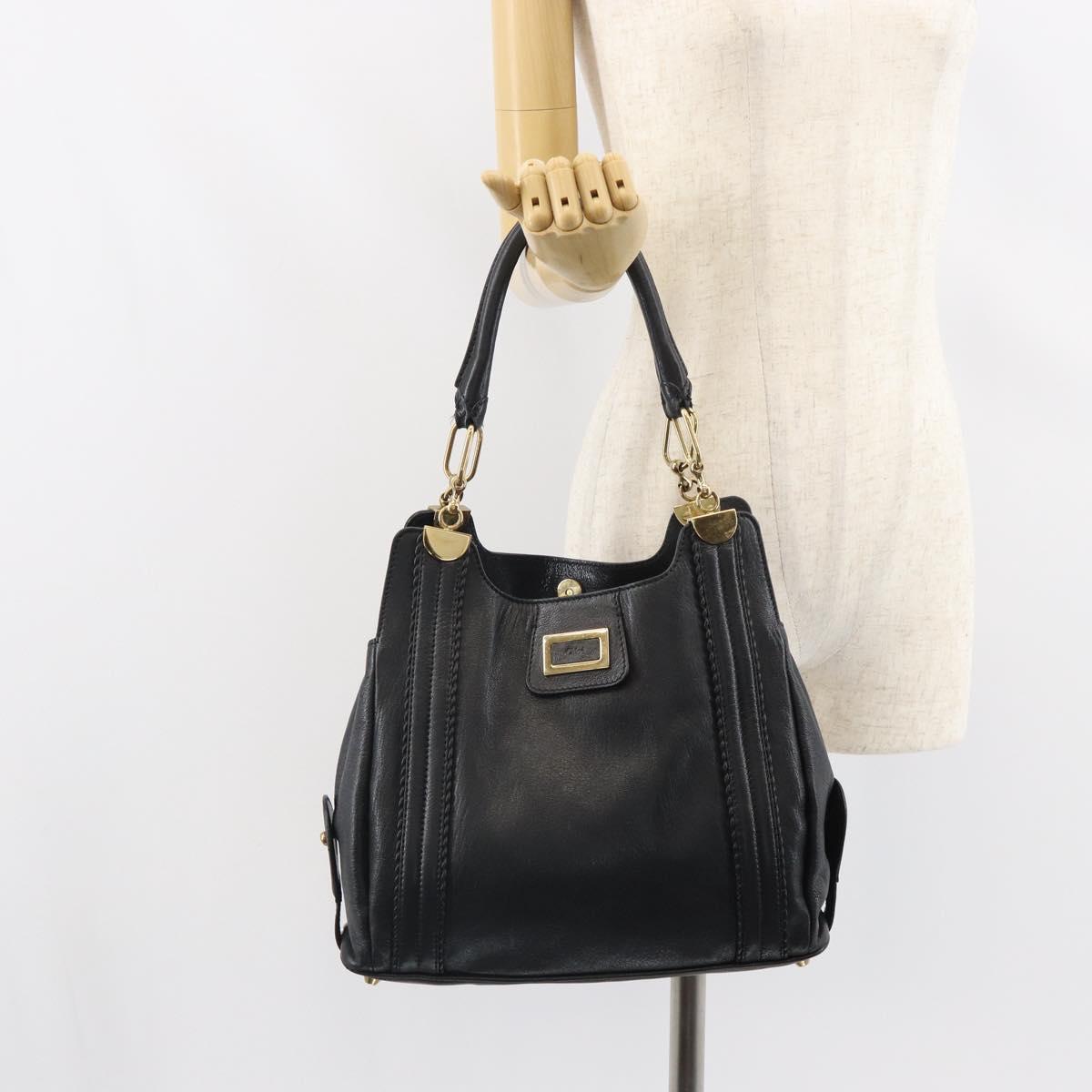 Chloe Irene Hand Bag Leather Black Gold Auth 162156