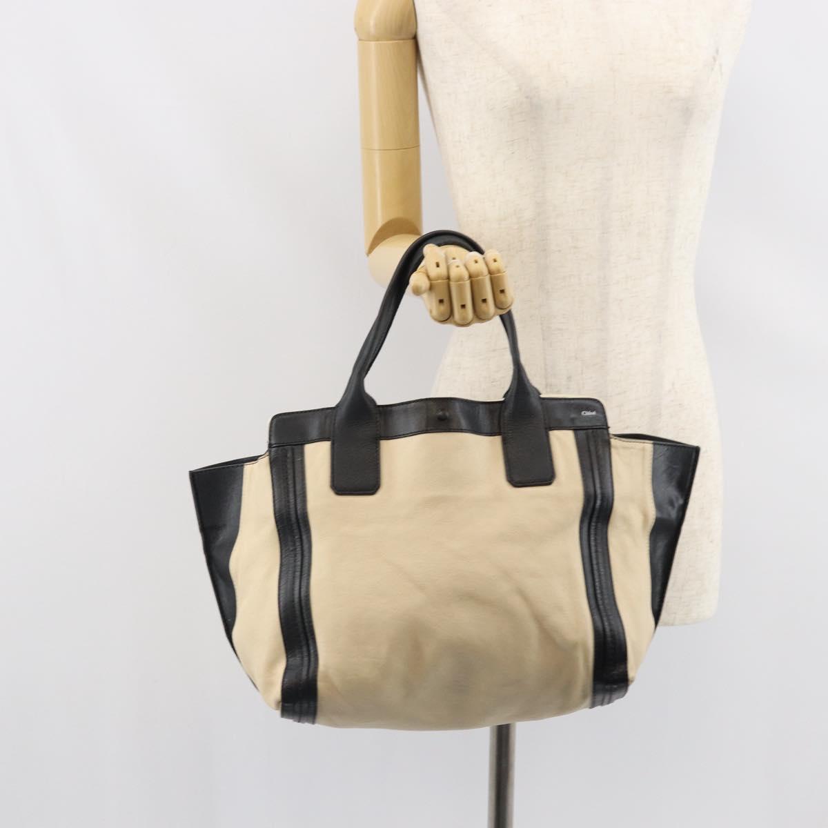 Chloe Alison Hand Bag Leather Ivory Black gold Auth 162158