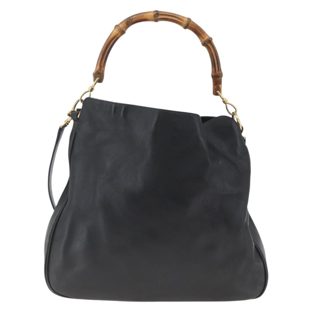 GUCCI Bamboo Shoulder Bag Leather 2way Black Gold 001 1577 3444 Auth 162200