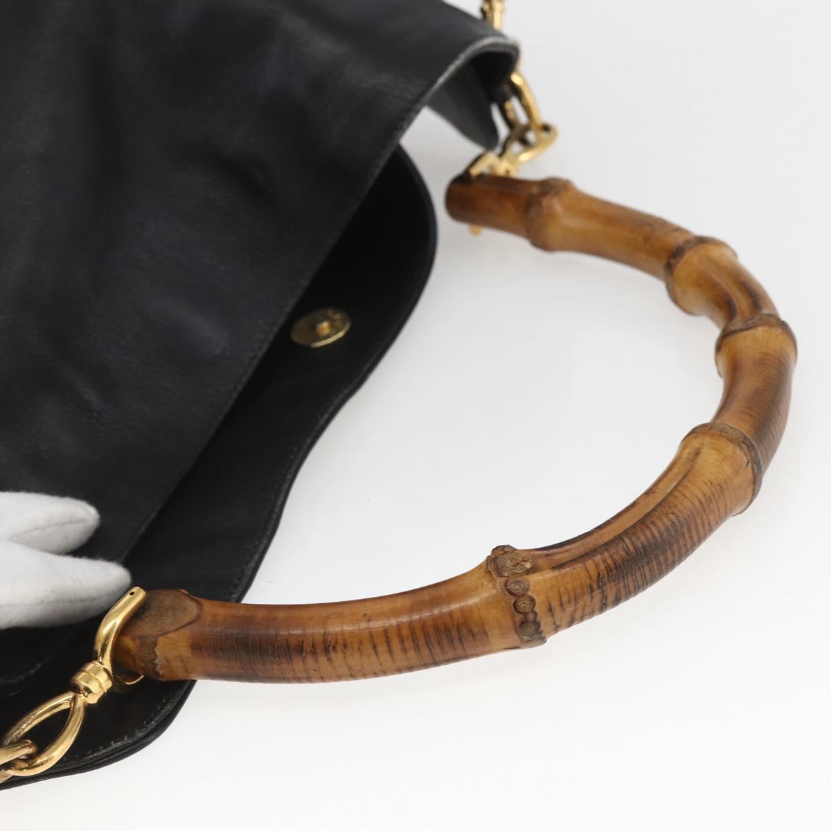 GUCCI Bamboo Shoulder Bag Leather 2way Black Gold 001 1577 3444 Auth 162200