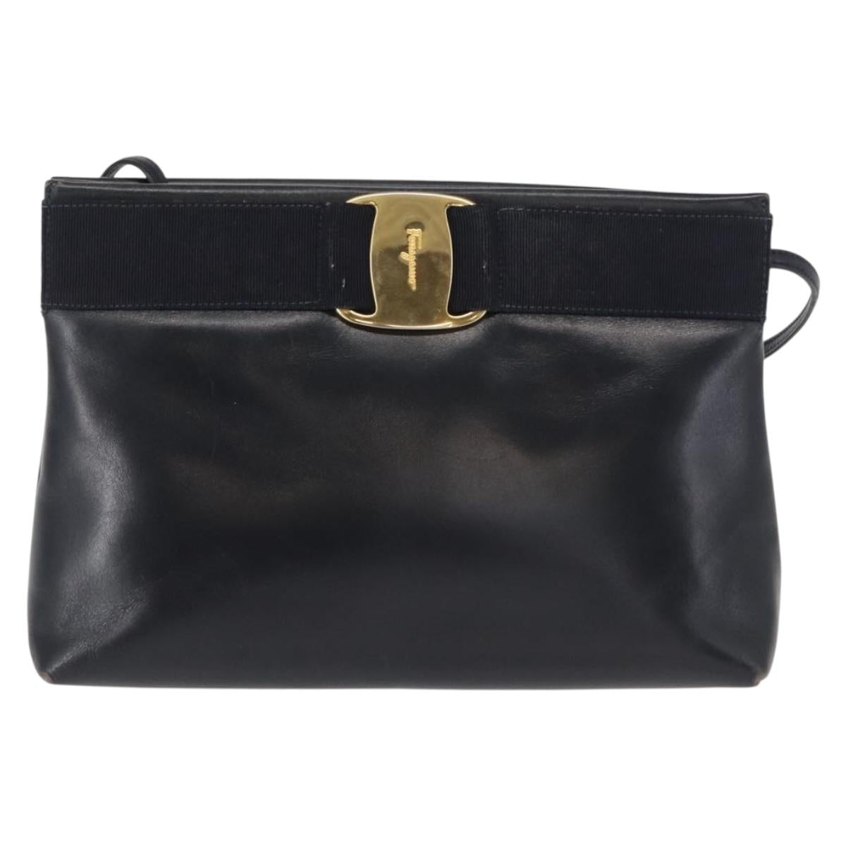 Salvatore Ferragamo Vala Shoulder Bag Leather Navy Gold Auth 162207