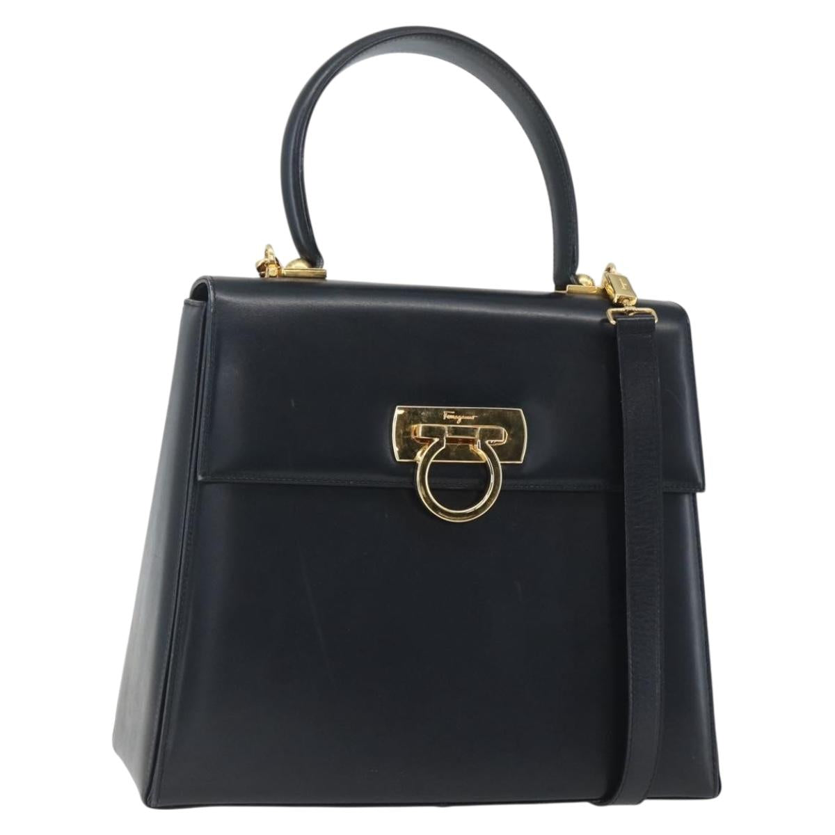 Salvatore Ferragamo Gancini Hand Bag Leather 2way Navy Gold Auth 162320