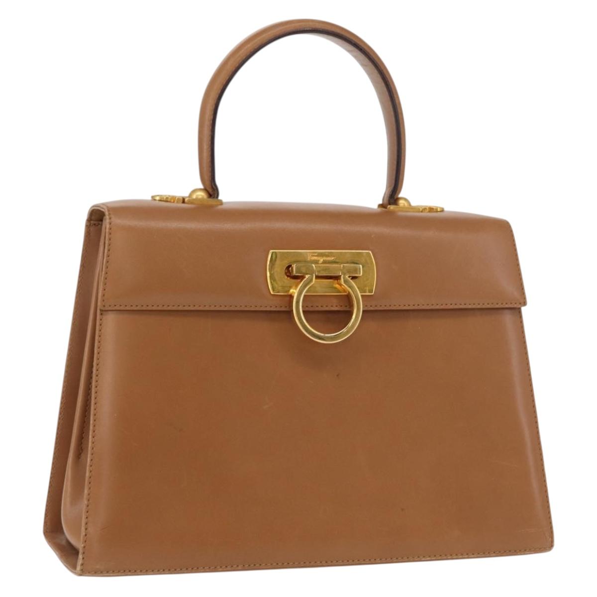 Salvatore Ferragamo Gancini Hand Bag Leather Brown Gold Auth 162321