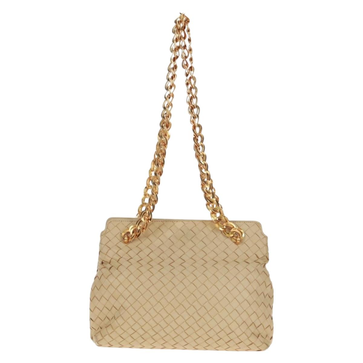 BOTTEGA VENETA INTRECCIATO Chain Shoulder Bag Leather Beige Gold Auth 162338V