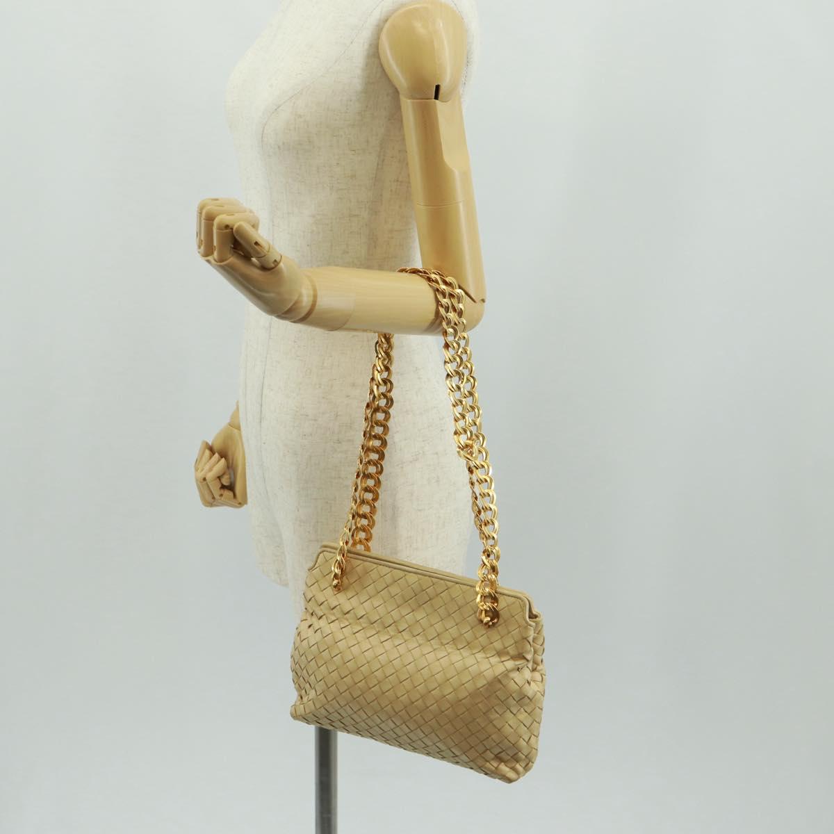 BOTTEGA VENETA INTRECCIATO Chain Shoulder Bag Leather Beige Gold Auth 162338V